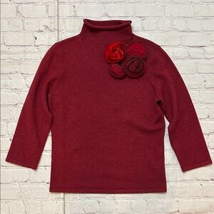 Carlisle Deep Red Cashmere Silk Blend 3/4 Sleeve Rose Embellished Sweater Small